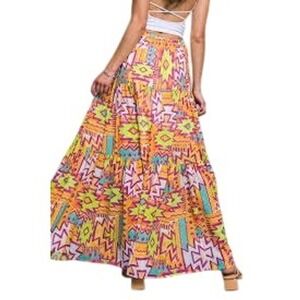Flying‎ Tomato Aztec Print Tiered Maxi Skirt Multicolor Elastic Waist Size Small